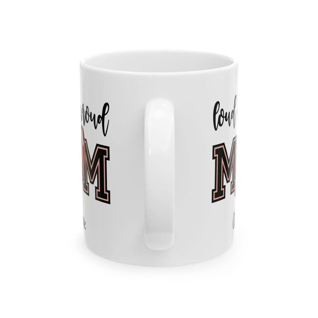 Personalized football loud and proud mug shown on a table as a Mother's Day gift