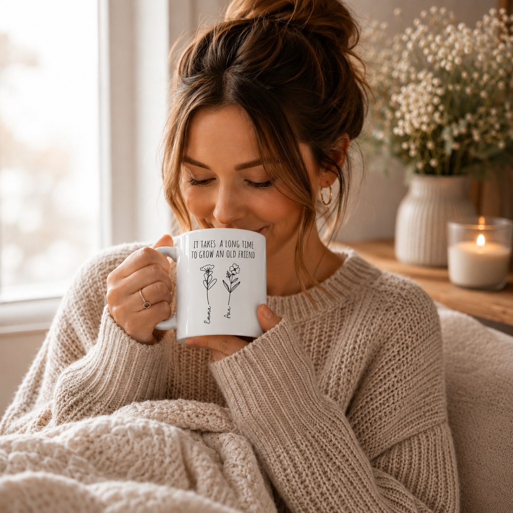 Personalized ceramic mug features — dishwasher and microwave safe