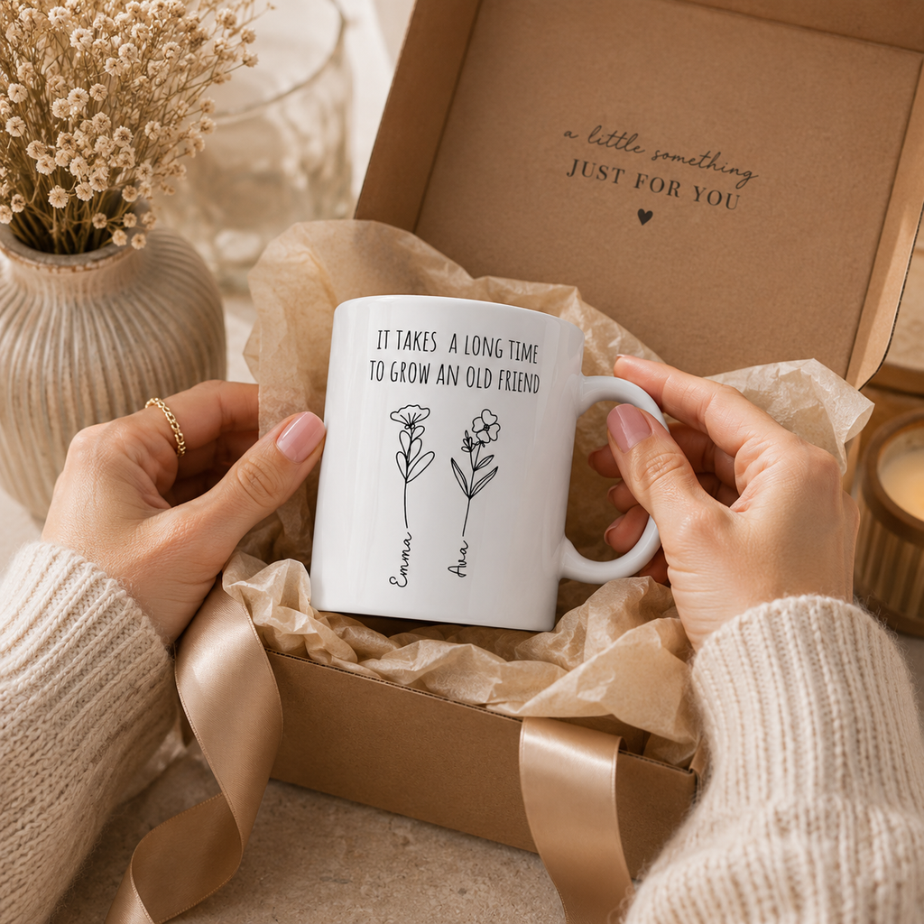 Personalized old friend quote mug displayed as a gift