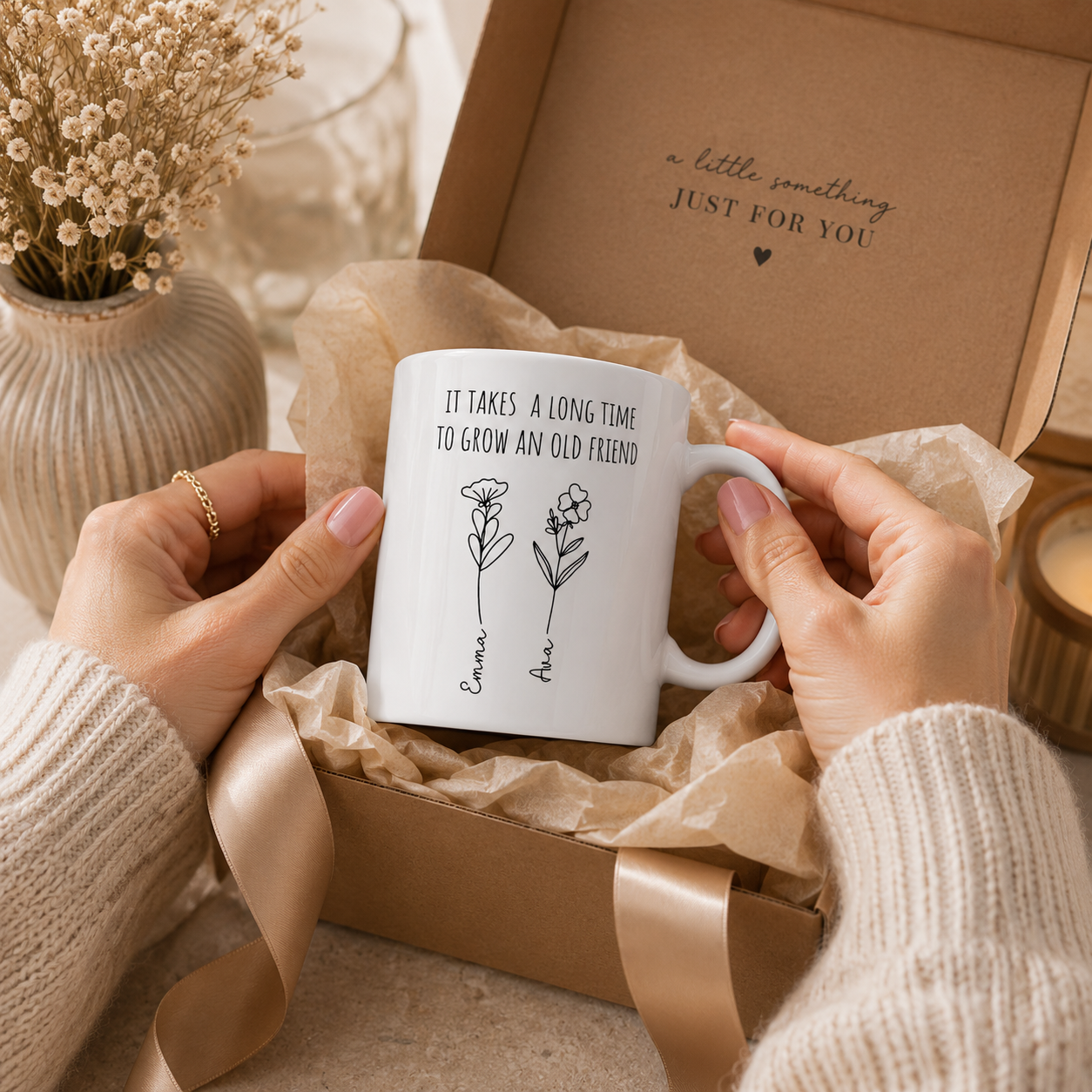 Personalized old friend quote mug displayed as a gift