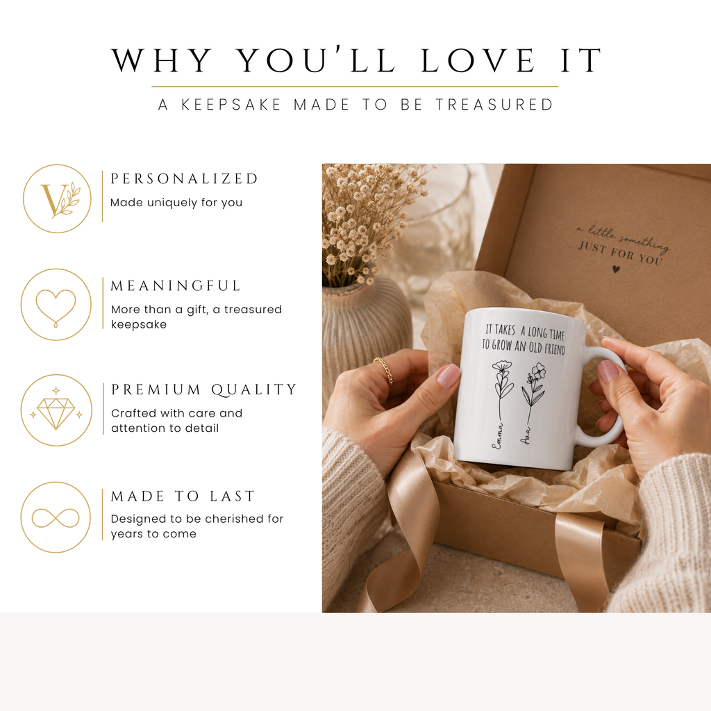 Personalized old friend quote mug, handle-side view