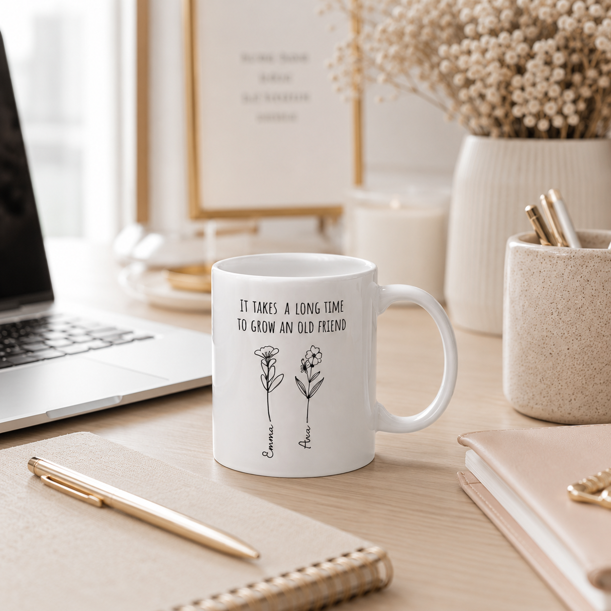 Personalized old friend quote mug size and detail view, 11oz and 15oz