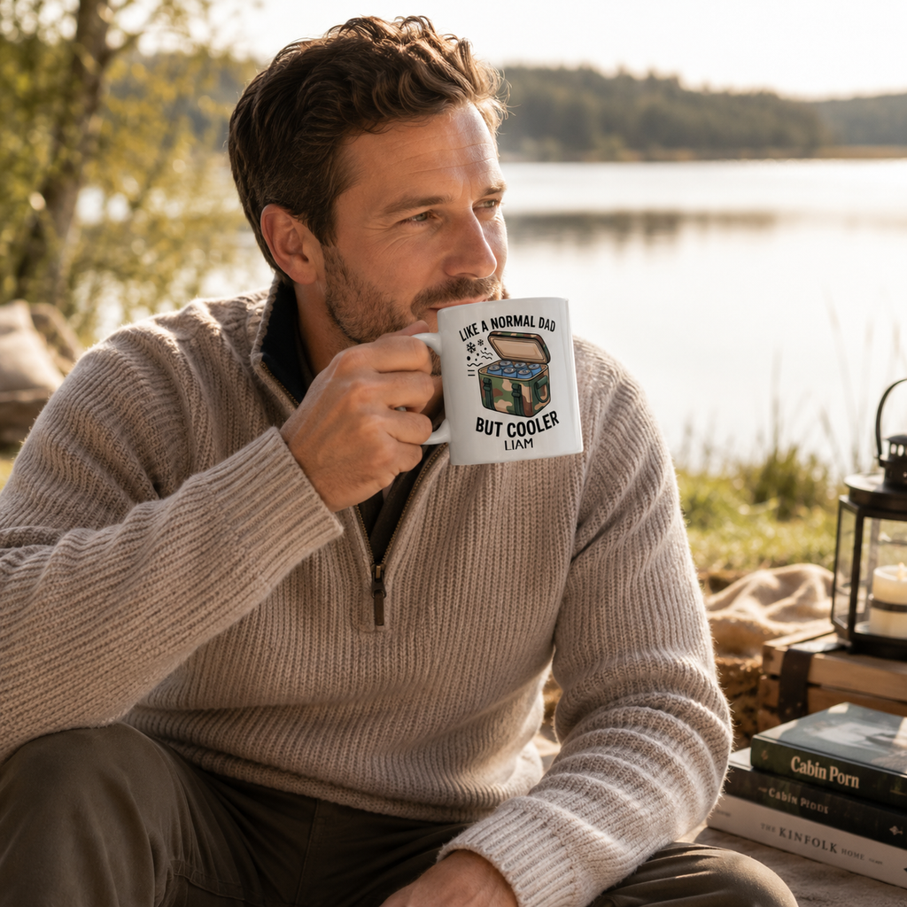 Personalized like a normal dad but cooler mug displayed as a gift