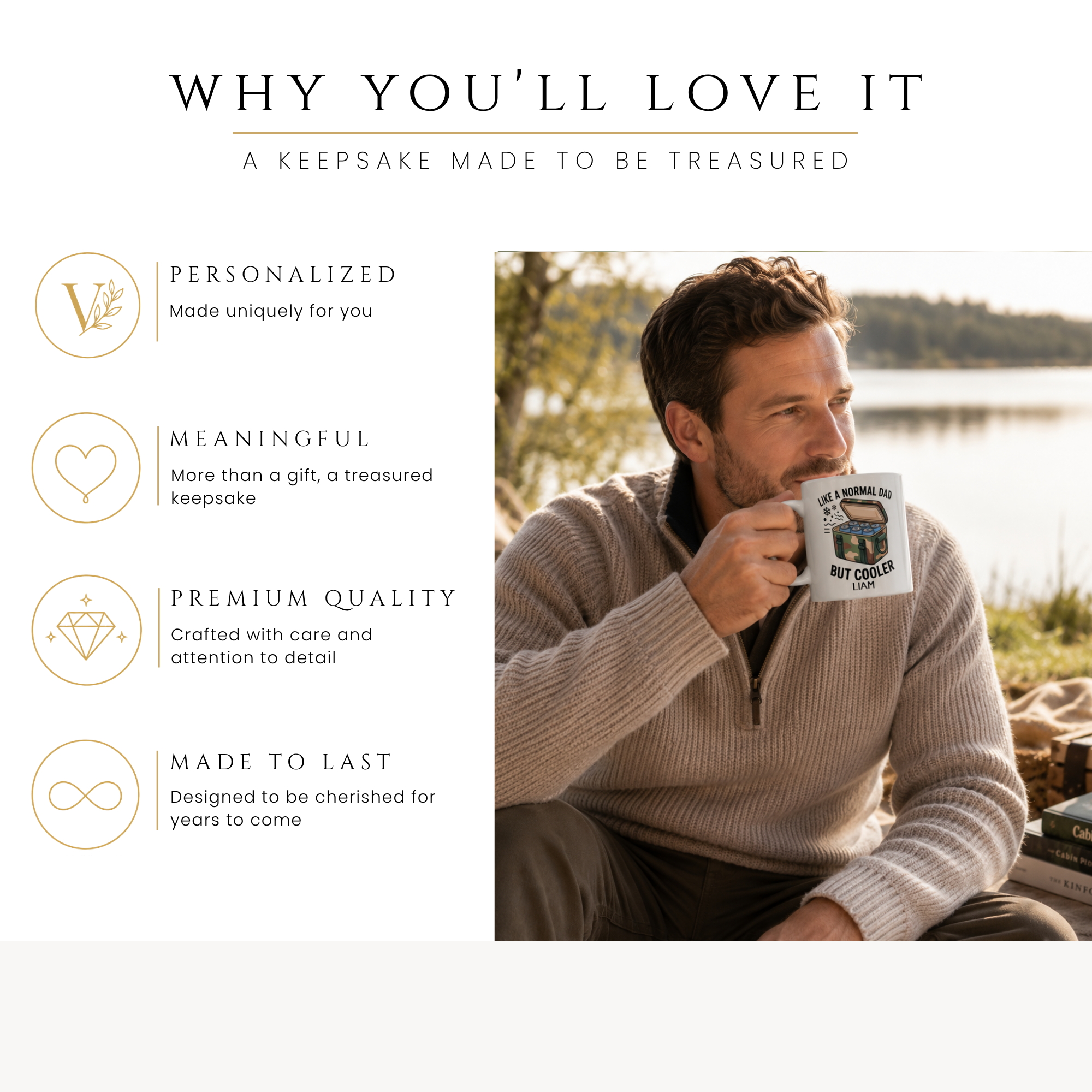 Personalized like a normal dad but cooler mug, handle-side view