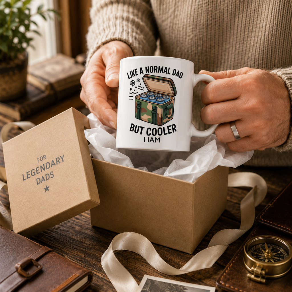 Personalized like a normal dad but cooler mug shown from the side