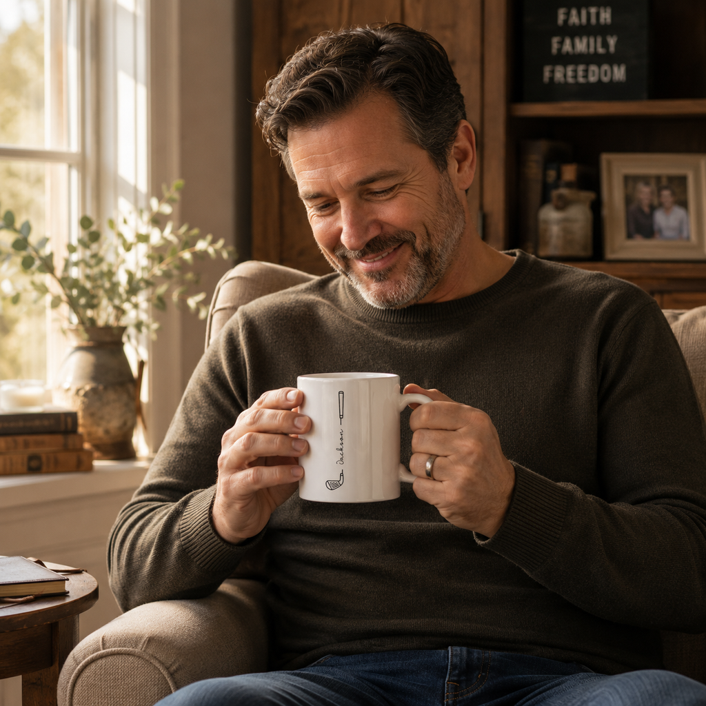 Personalized ceramic mug features — dishwasher and microwave safe