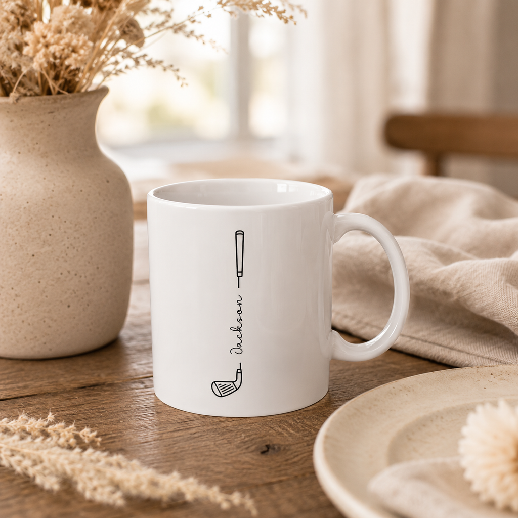 Personalized best dad by par golf silhouette mug displayed as a gift