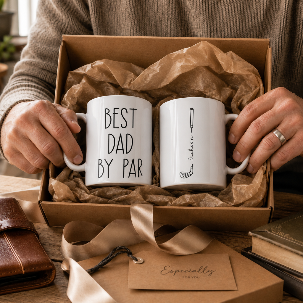 Personalized best dad by par golf silhouette mug shown from the side