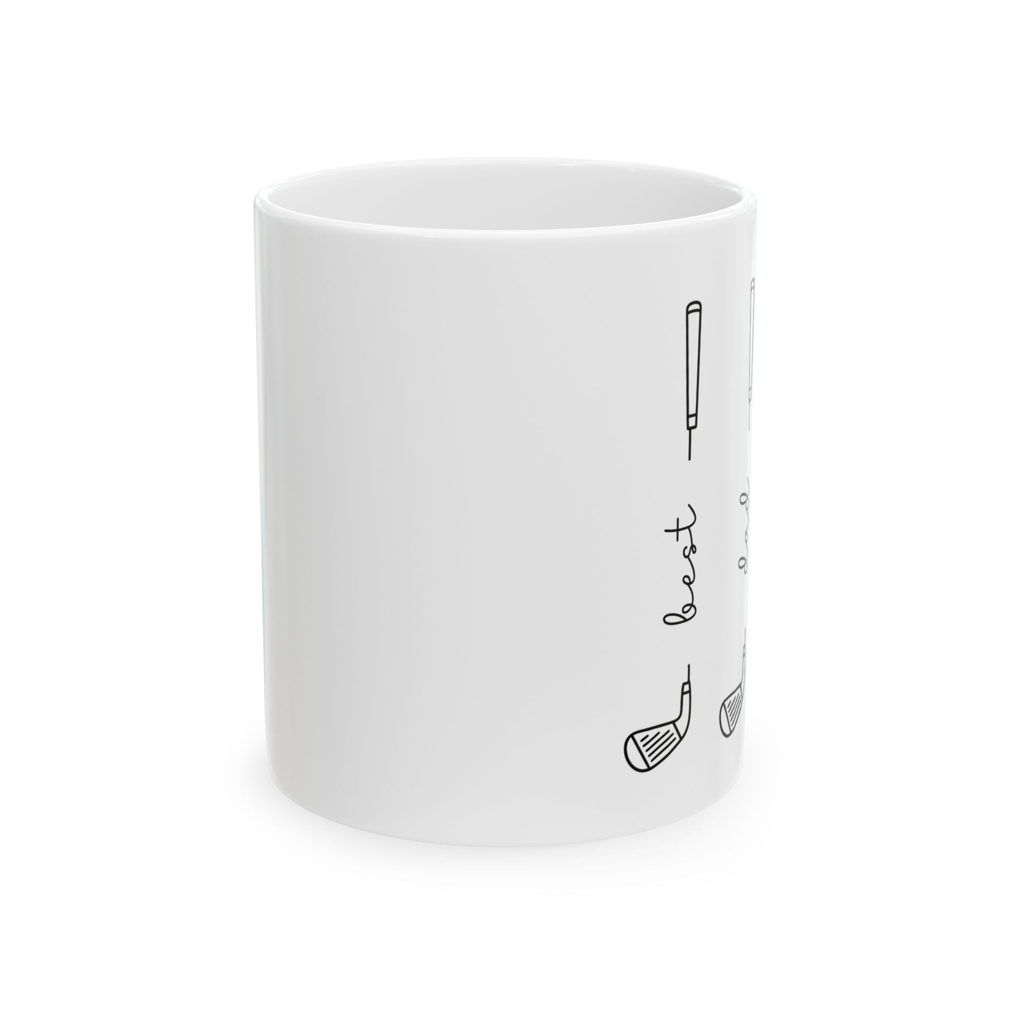 Personalized minimalist golf clubs mug displayed on a desk