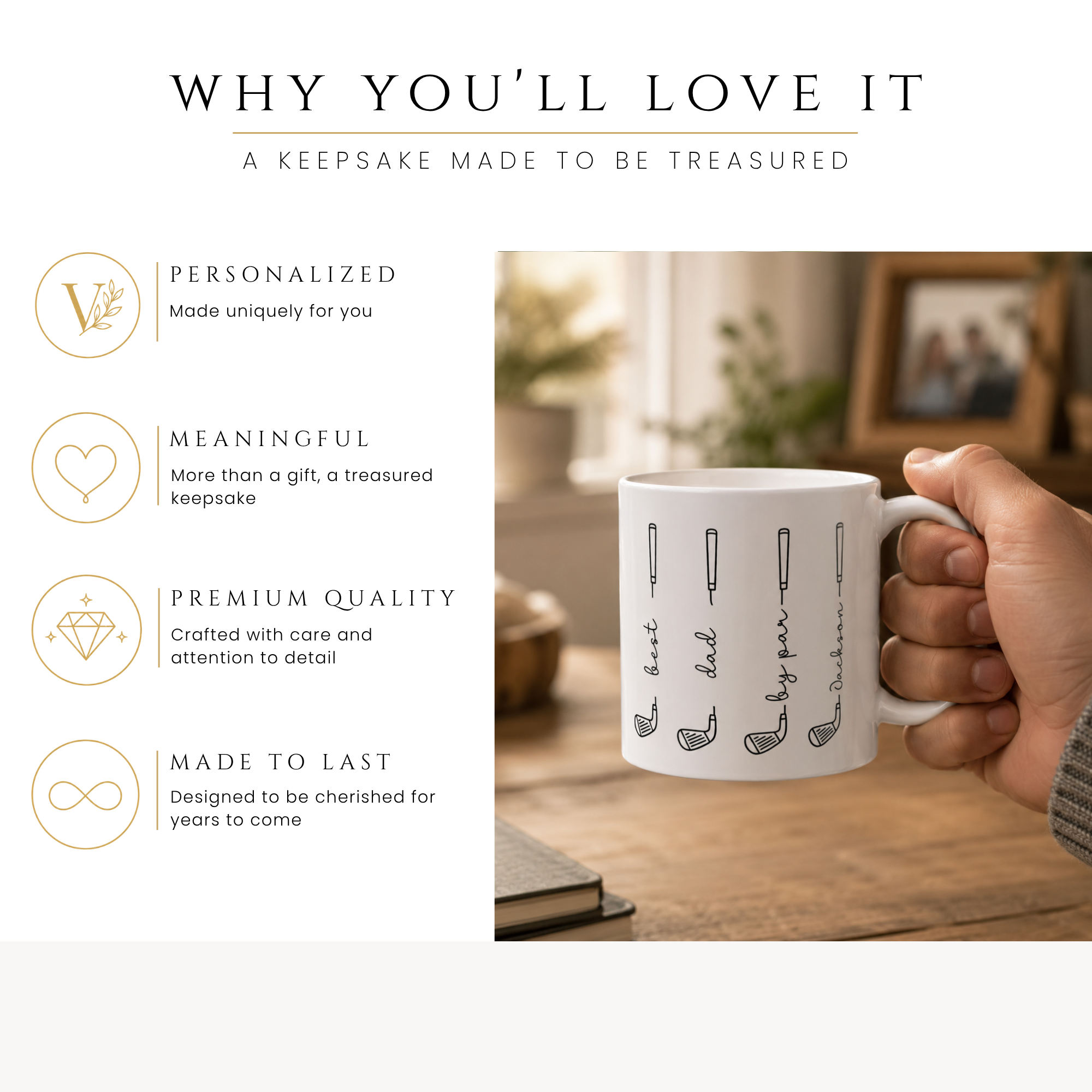 Personalized minimalist golf clubs mug, handle-side view