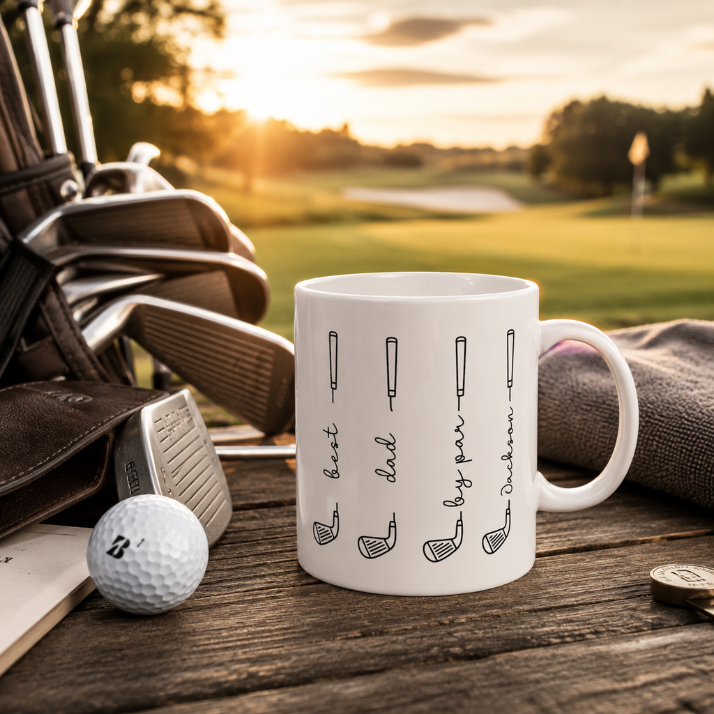 Personalized minimalist golf clubs mug shown from the side