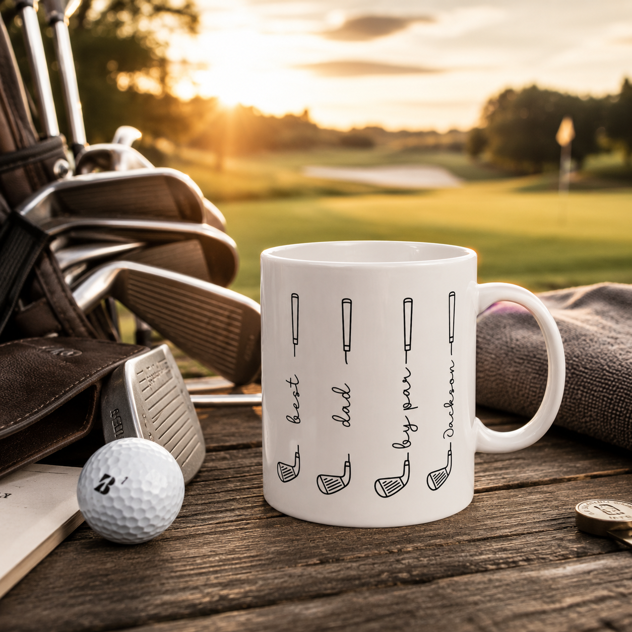 Personalized minimalist golf clubs mug shown from the side
