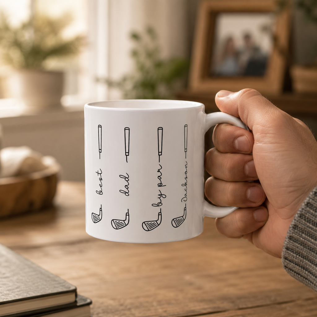 Personalized minimalist golf clubs mug size and detail view, 11oz and 15oz
