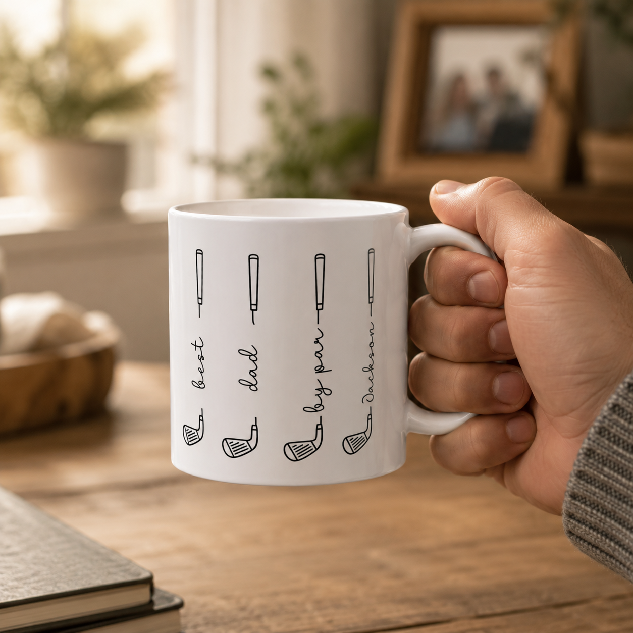 Personalized minimalist golf clubs mug size and detail view, 11oz and 15oz