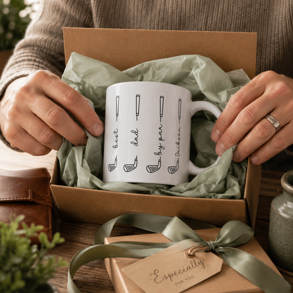 Personalized minimalist golf clubs mug shown on a table as a Father's Day gift