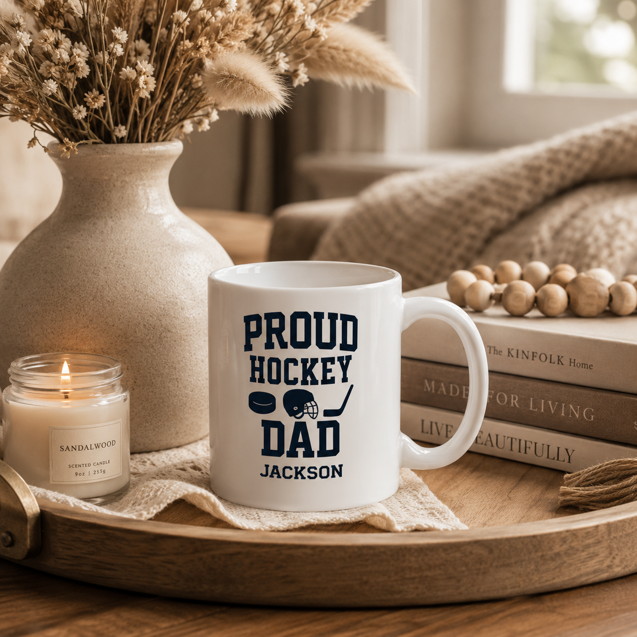 Personalized hockey mug displayed as a gift