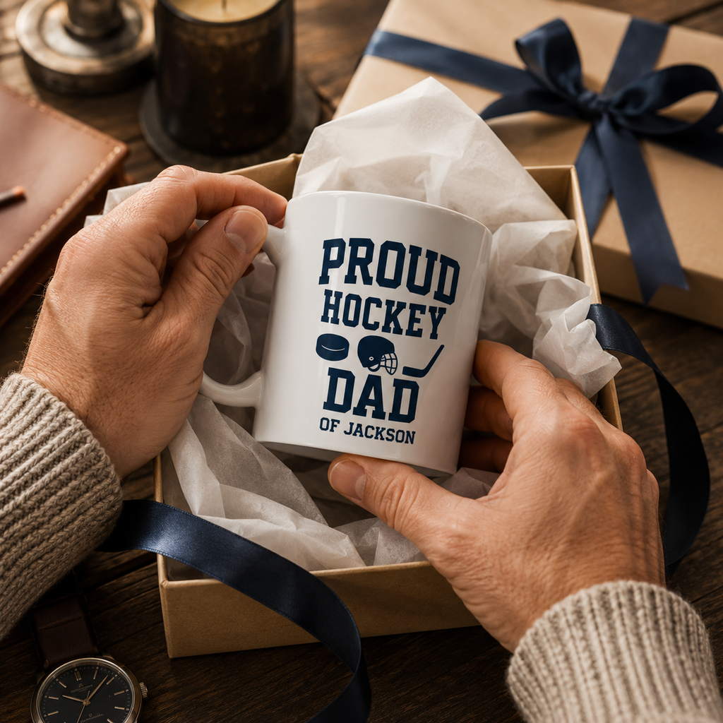 Personalized hockey mug shown from the side