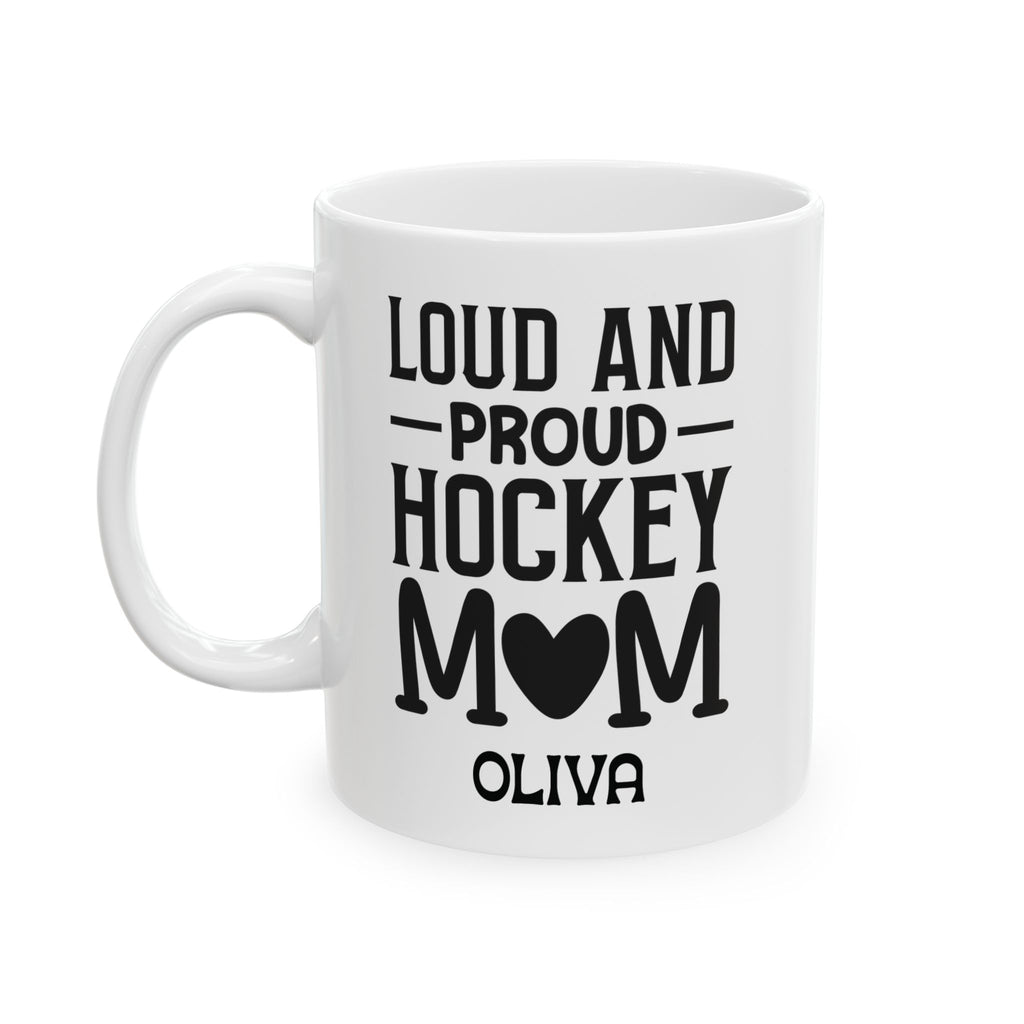 Personalized hockey loud and proud mug displayed on a desk