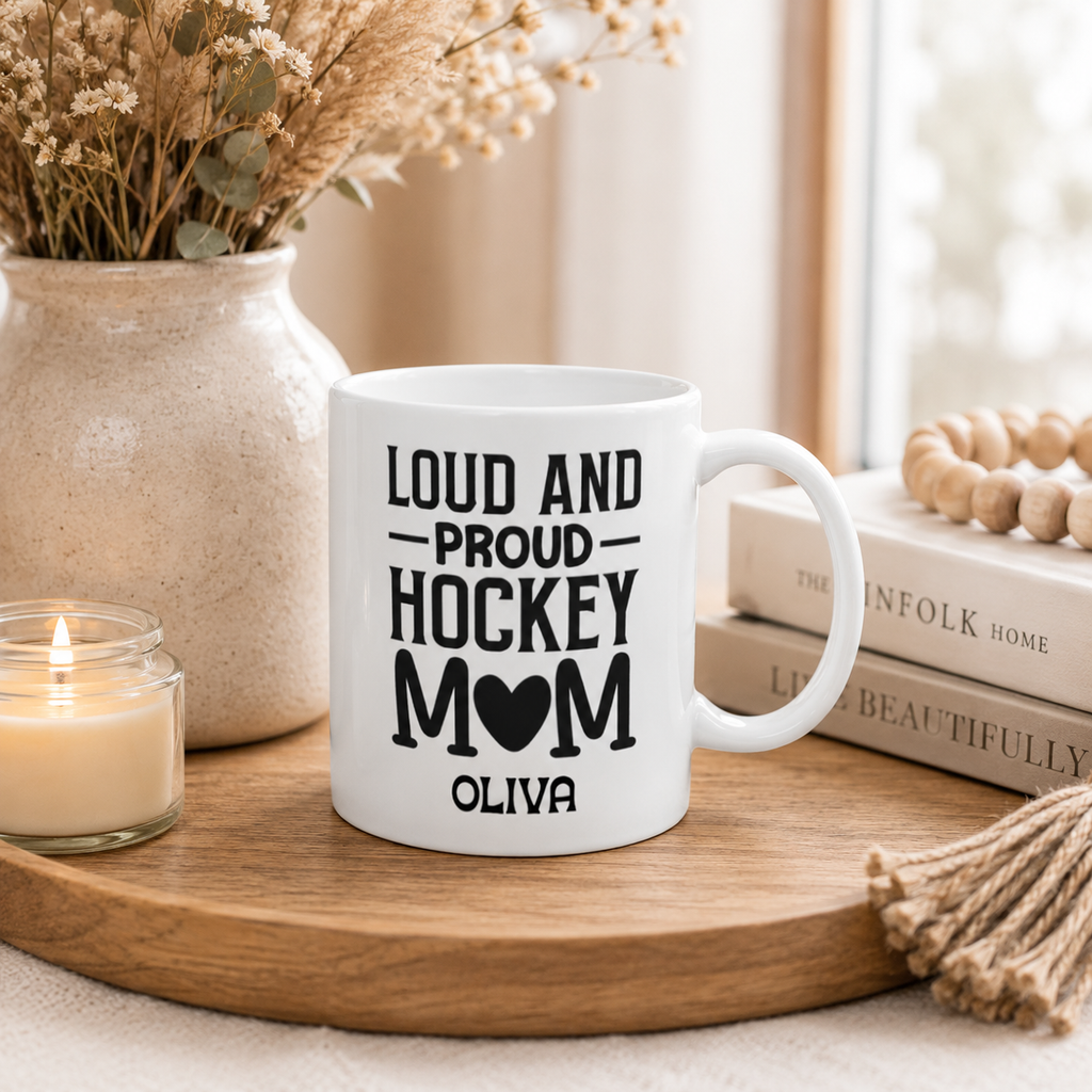 Personalized hockey loud and proud mug displayed as a gift