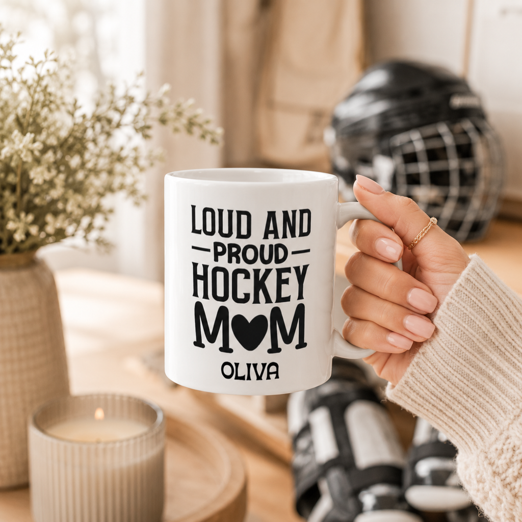 Personalized hockey loud and proud mug shown from the side