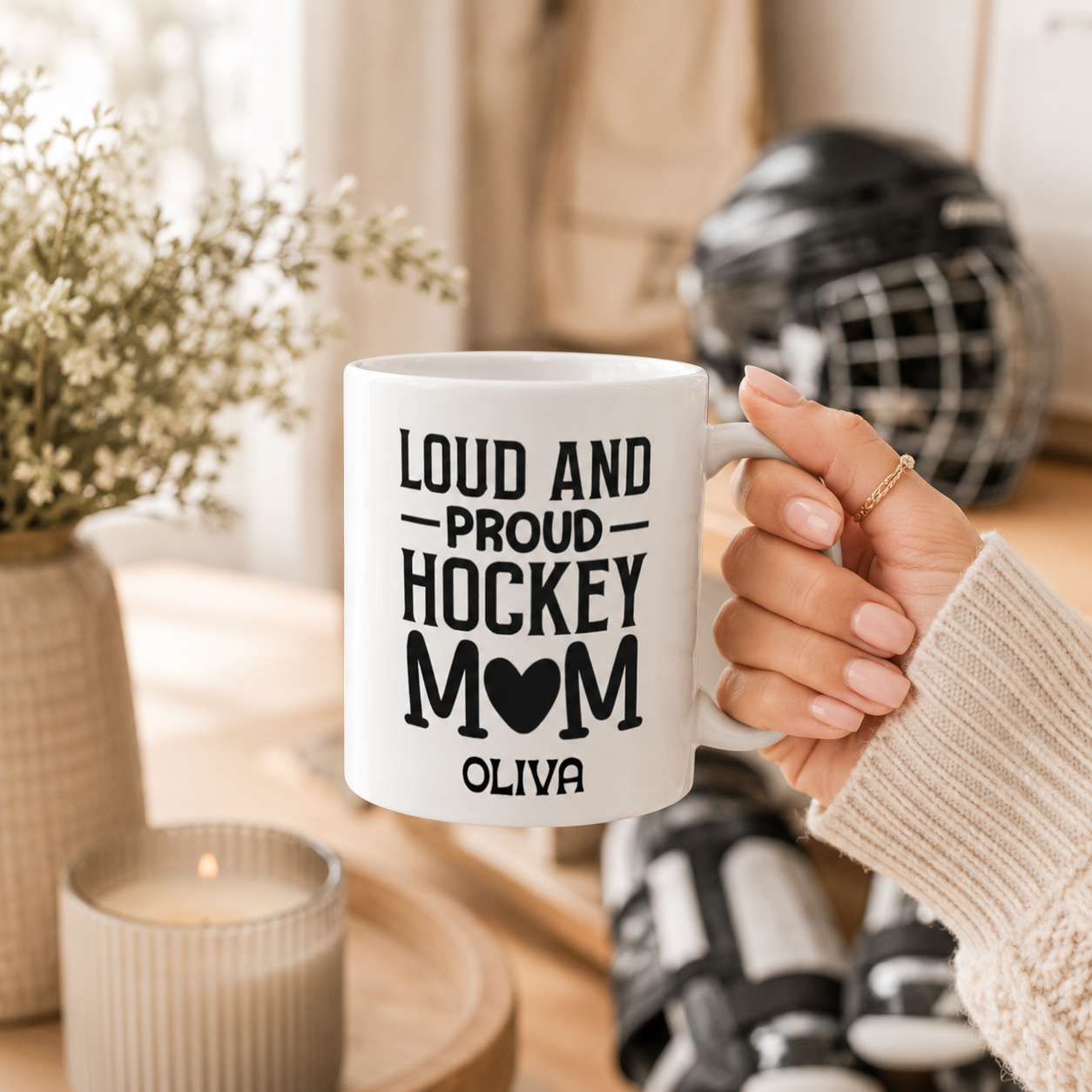 Personalized hockey loud and proud mug shown from the side