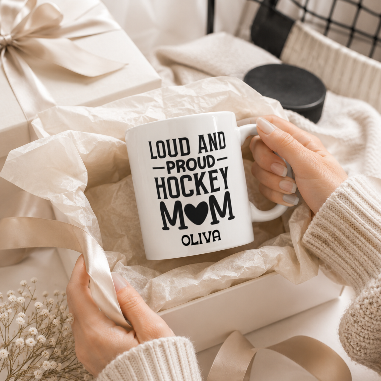 Personalized hockey loud and proud mug size and detail view, 11oz and 15oz