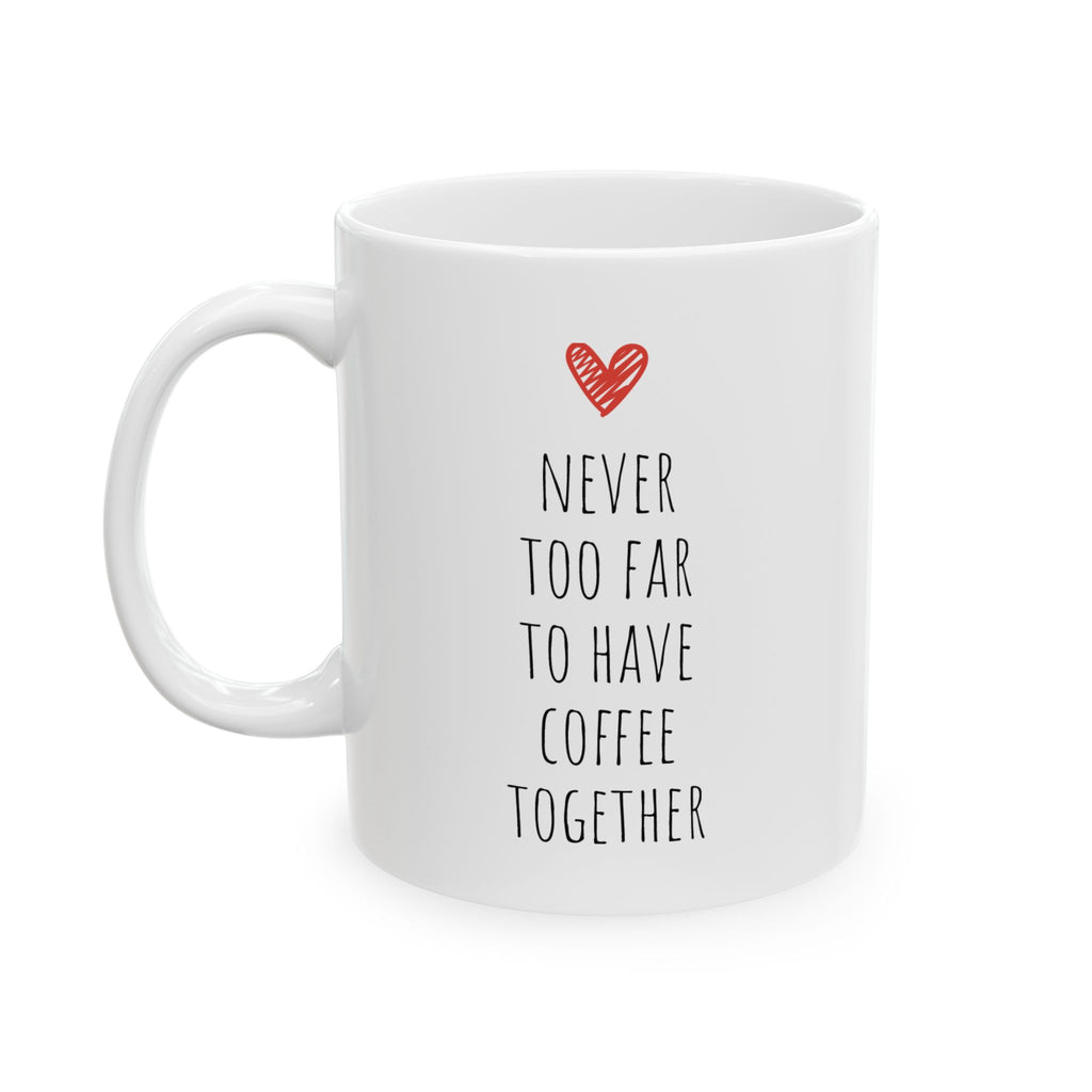 Personalized long distance map pin mug displayed on a desk