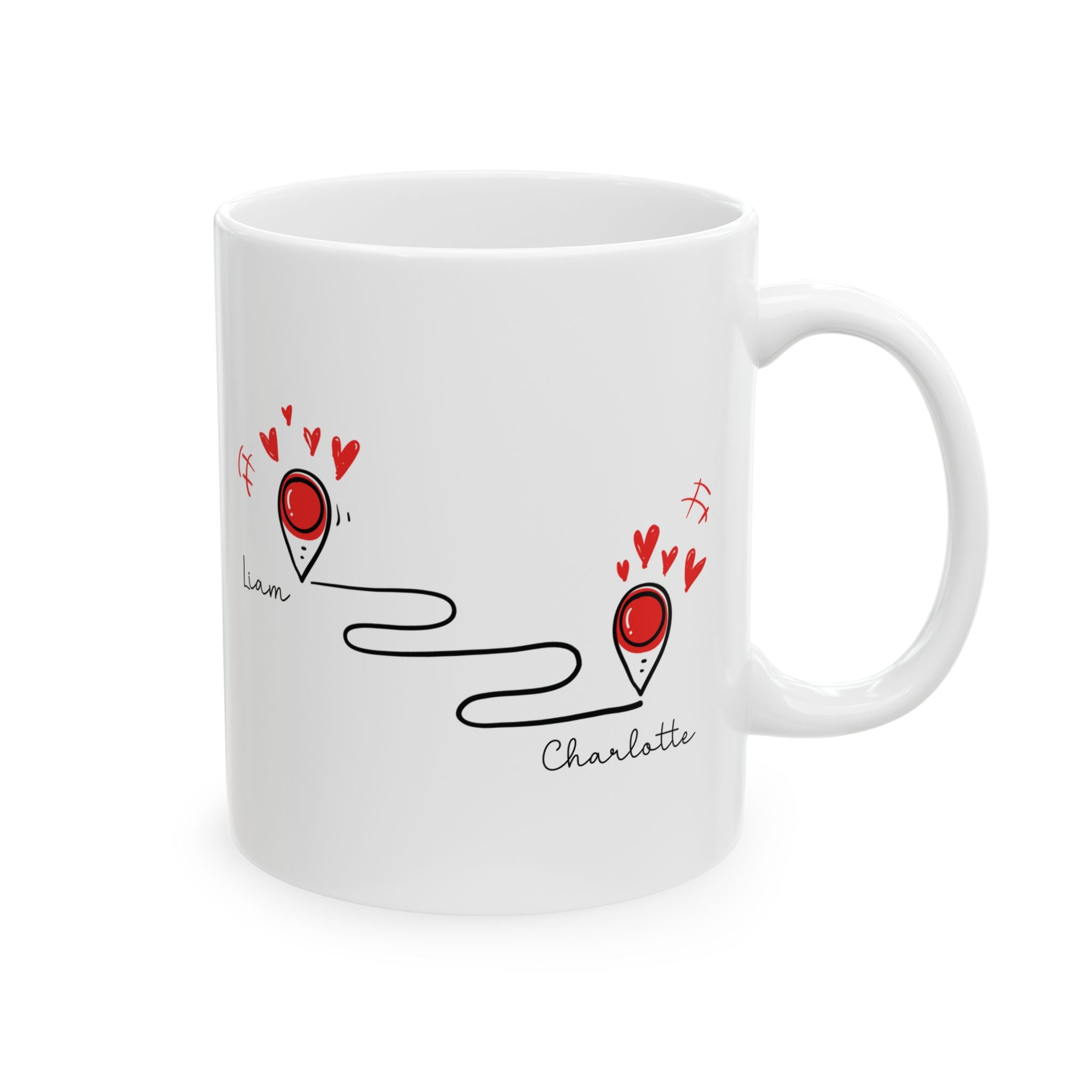 Personalized long distance map pin mug for couple, front view