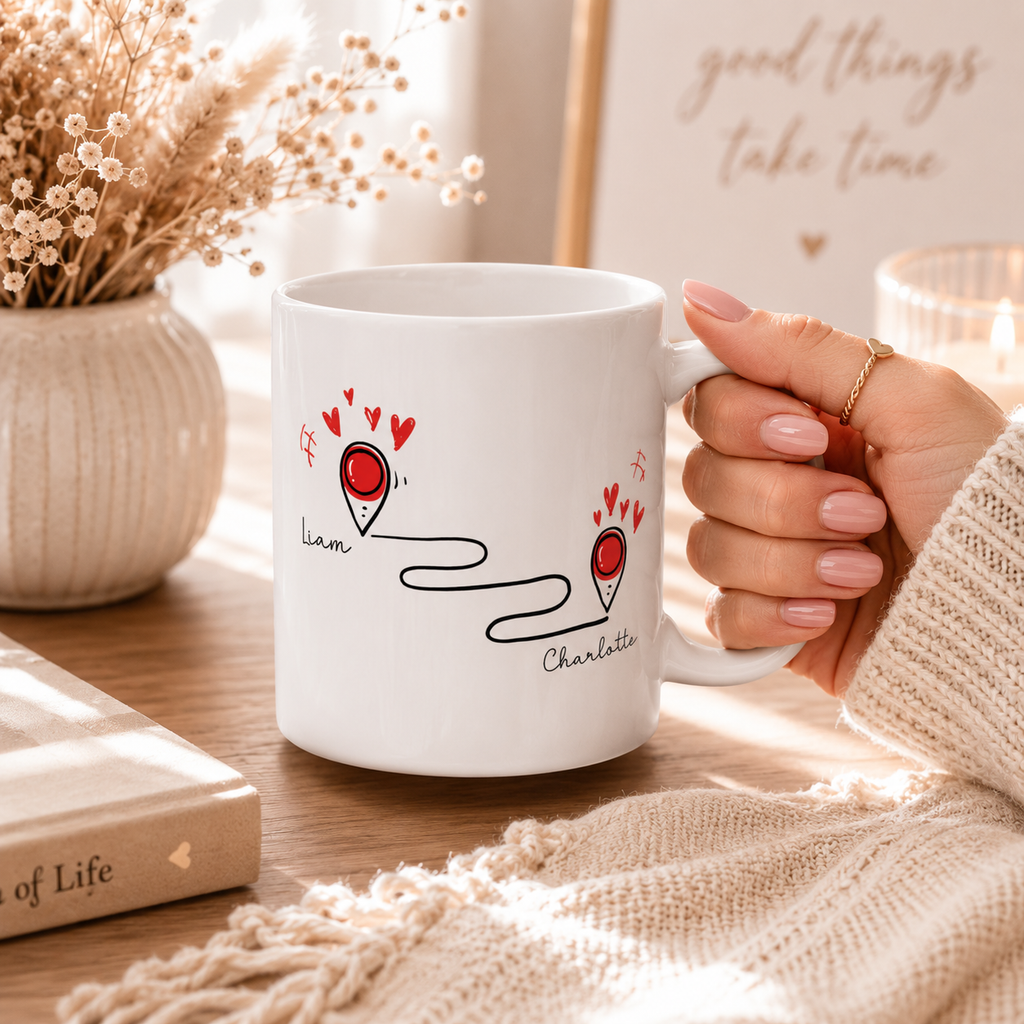Personalized long distance map pin mug displayed as a gift