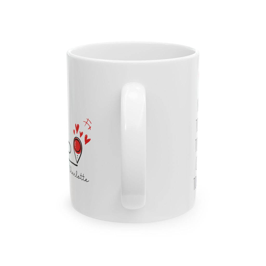 Personalized long distance map pin mug held in hand