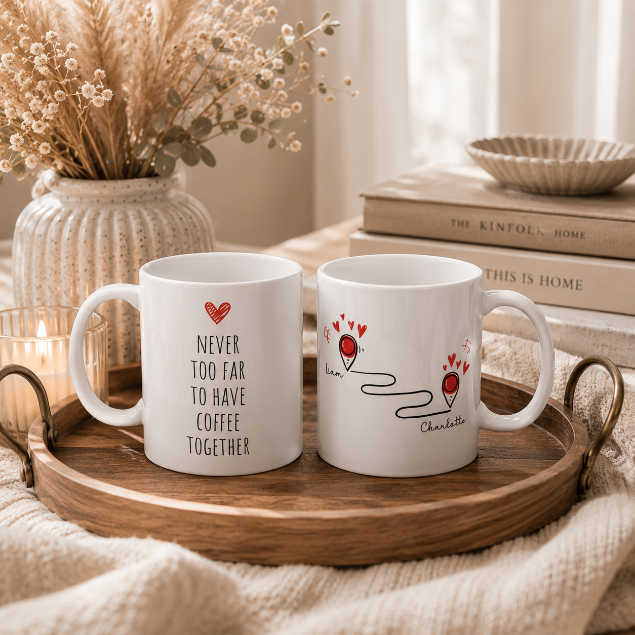 Personalized long distance map pin mug shown from the side