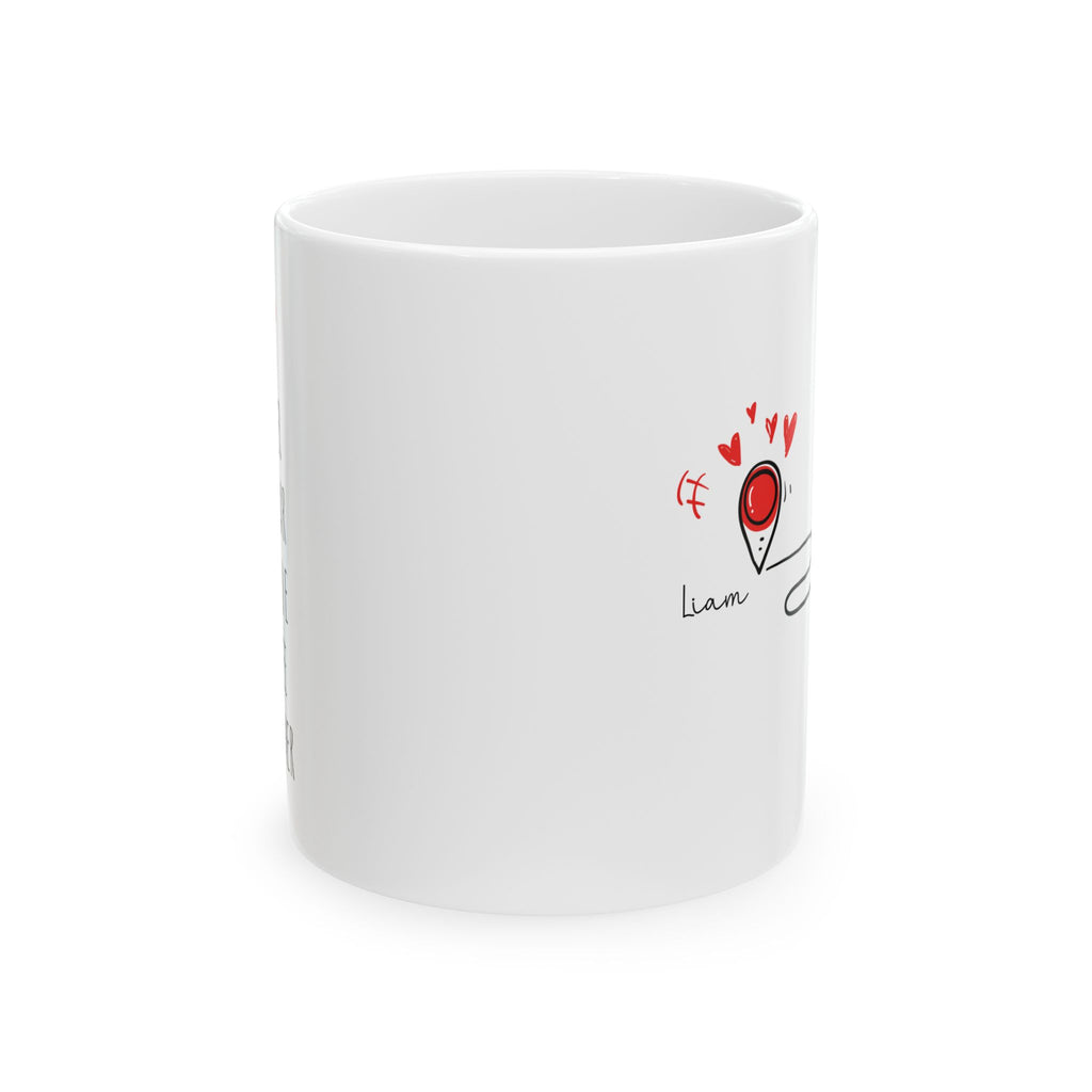 Personalized long distance map pin mug shown on a table as a long distance gift