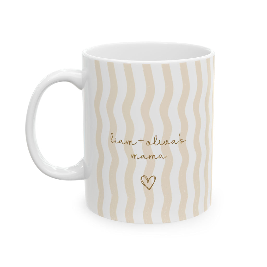 Personalized wavy stripe kids names mug displayed on a desk