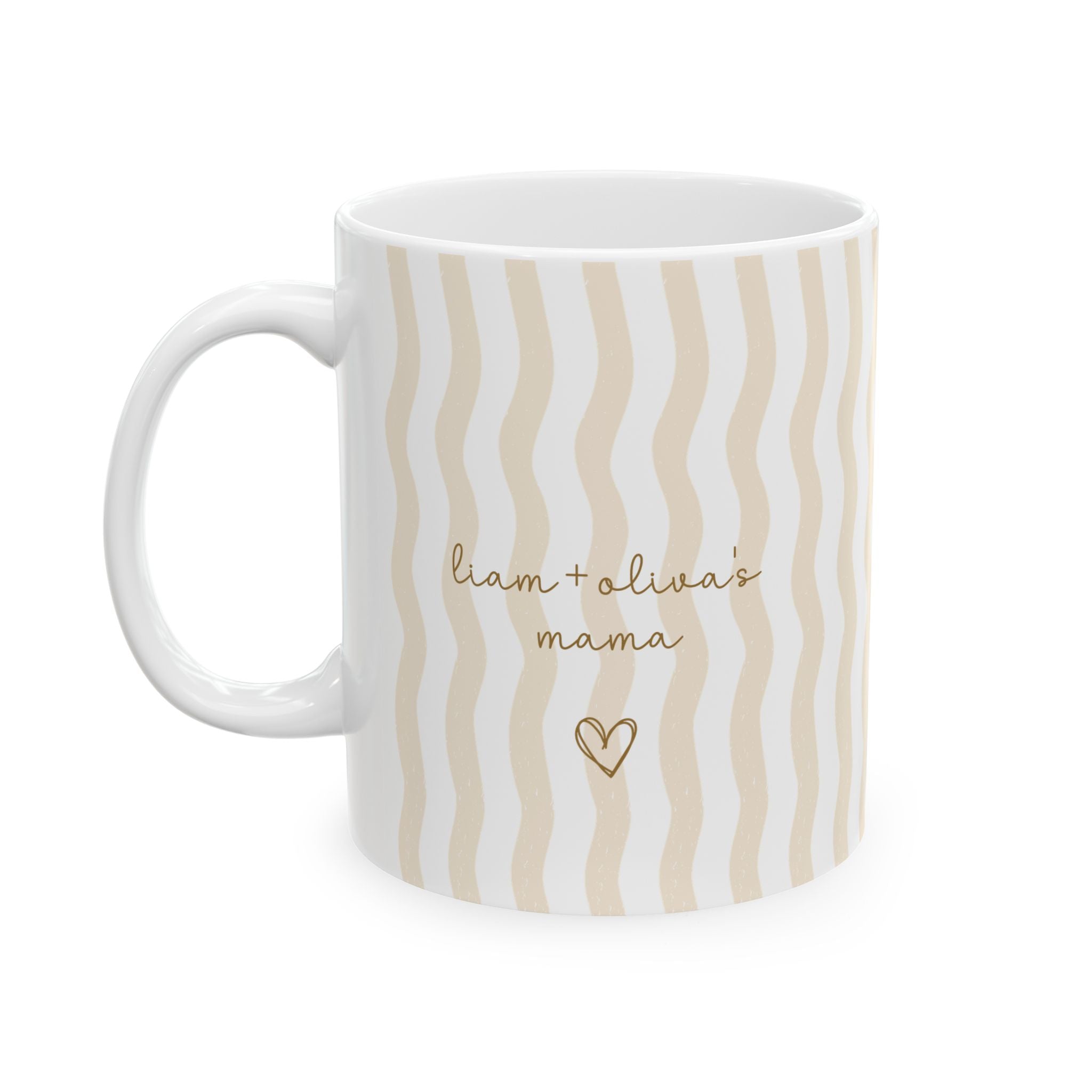 Personalized wavy stripe kids names mug displayed on a desk