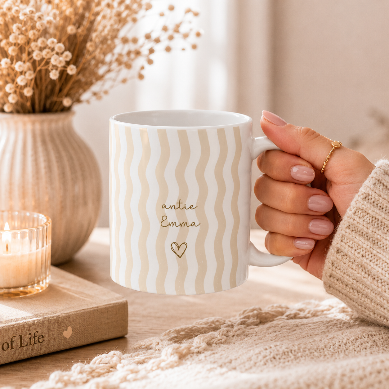 Personalized ceramic mug features — dishwasher and microwave safe