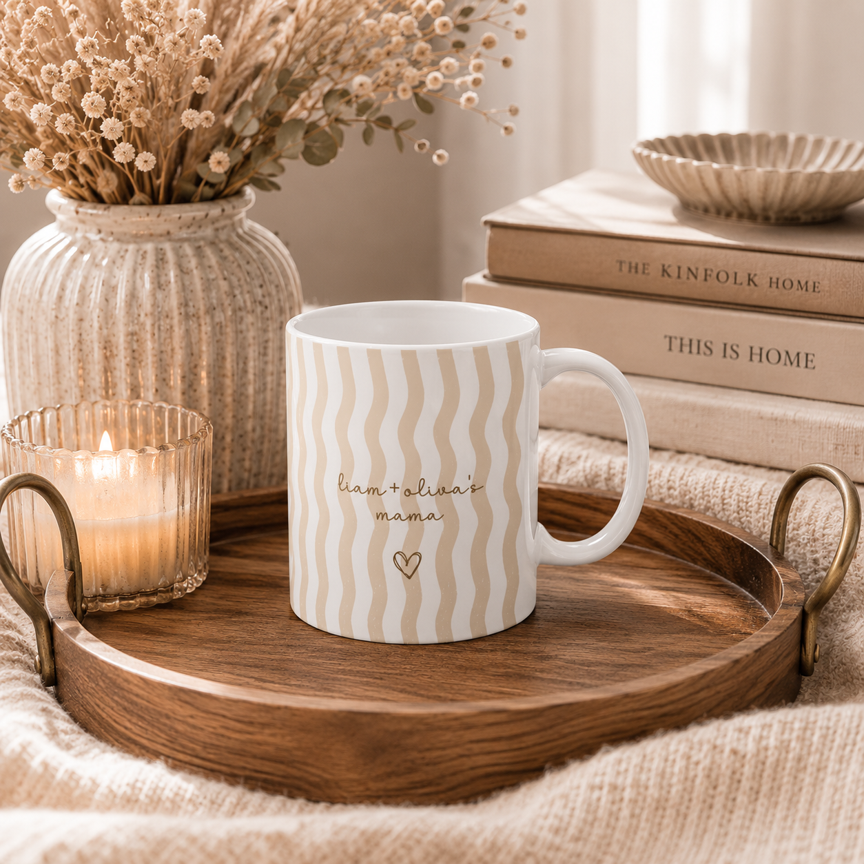 Personalized wavy stripe kids names mug displayed as a gift