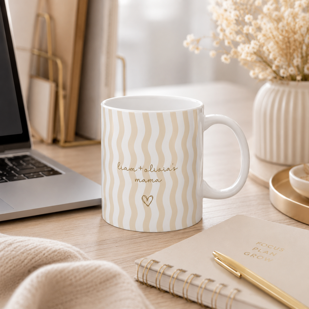 Personalized wavy stripe kids names mug shown from the side