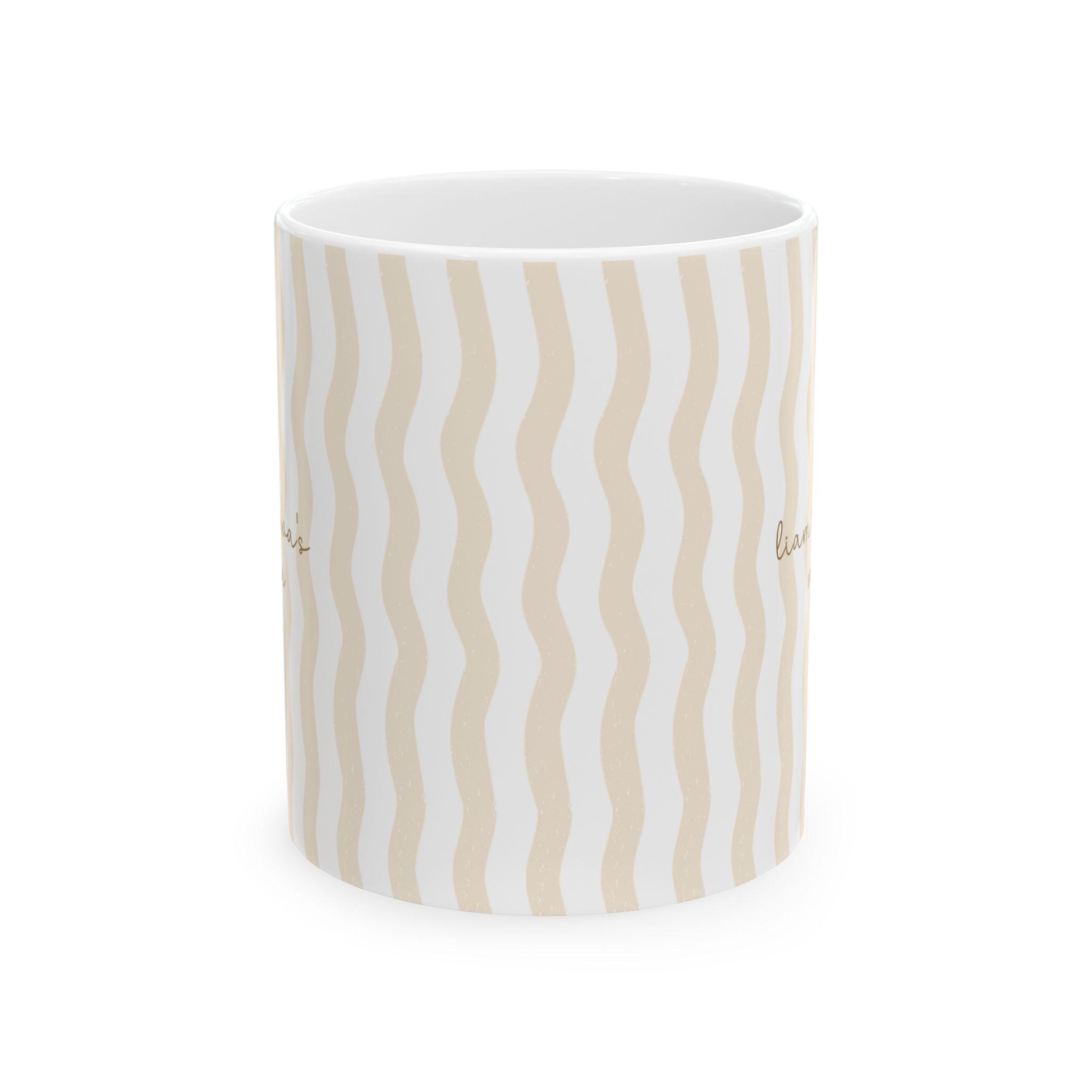 Personalized wavy stripe kids names mug shown on a table as a birthday gift