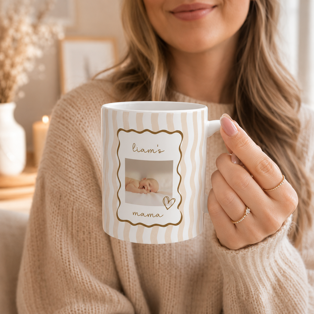 Personalized ceramic mug features — dishwasher and microwave safe