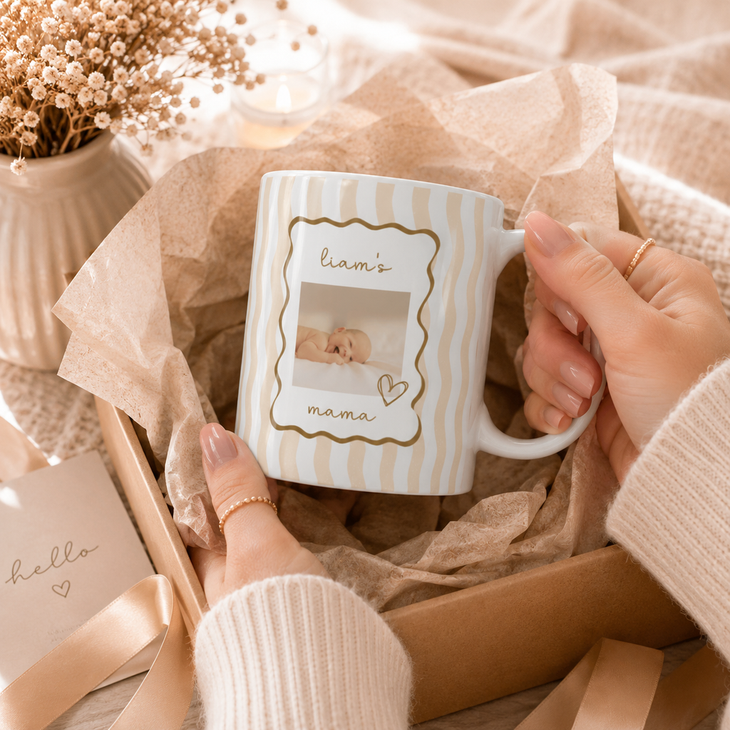Personalized baby photo frame mug displayed as a gift