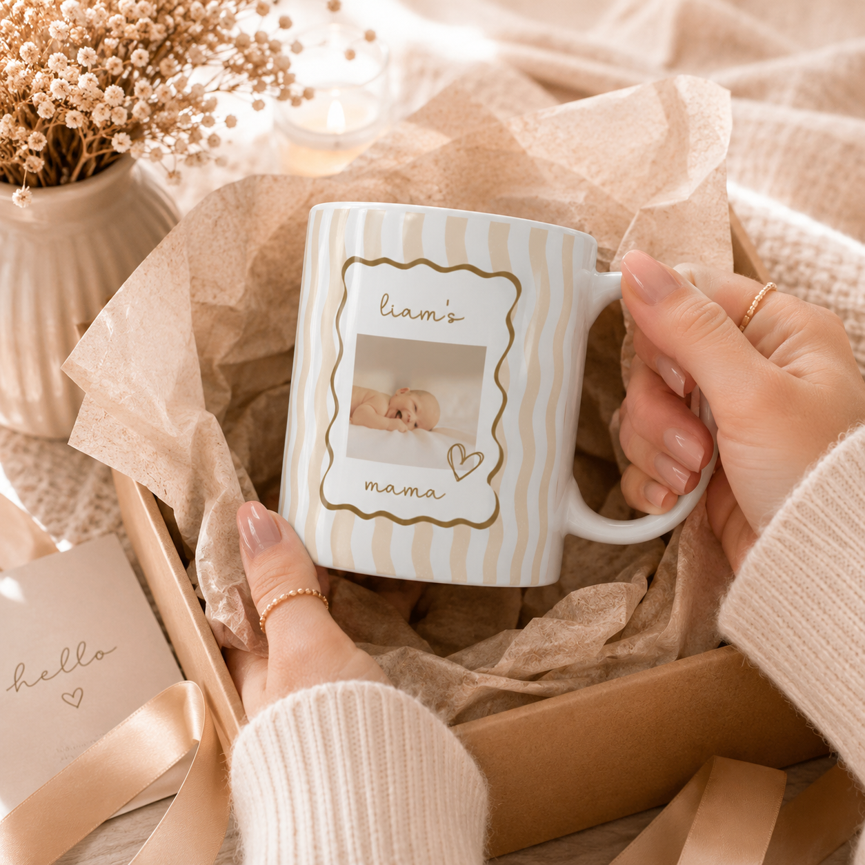 Personalized baby photo frame mug displayed as a gift