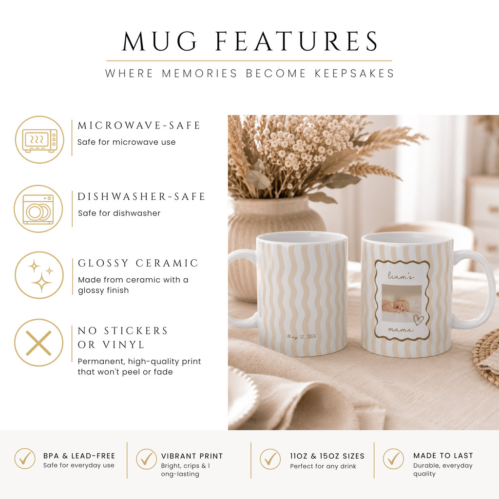 Personalized baby photo frame mug, handle-side view