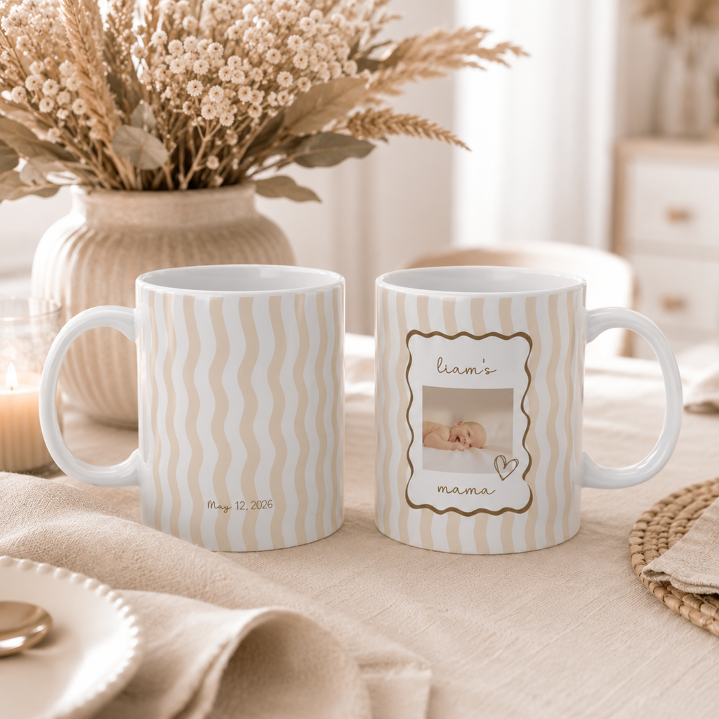 Personalized baby photo frame mug shown from the side