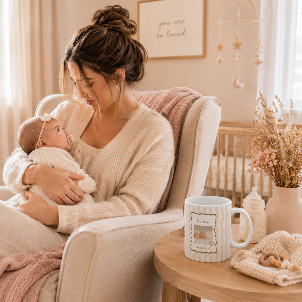 Personalized baby photo frame mug size and detail view, 11oz and 15oz