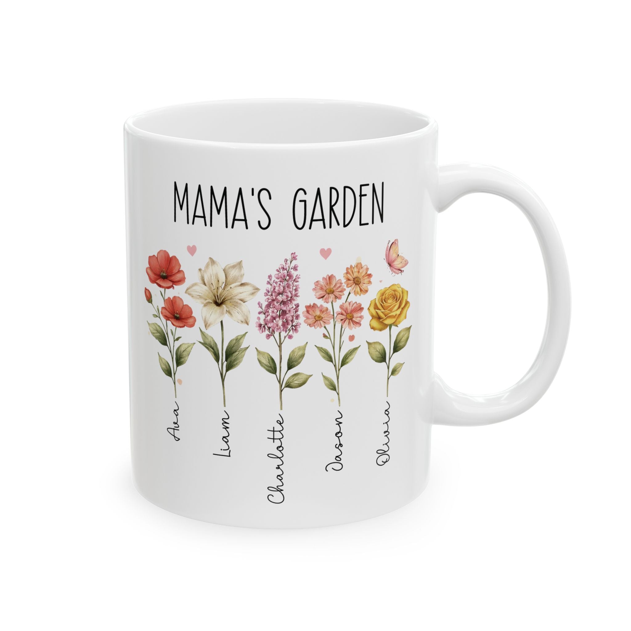 Personalized floral garden kids names mug for mom, front view