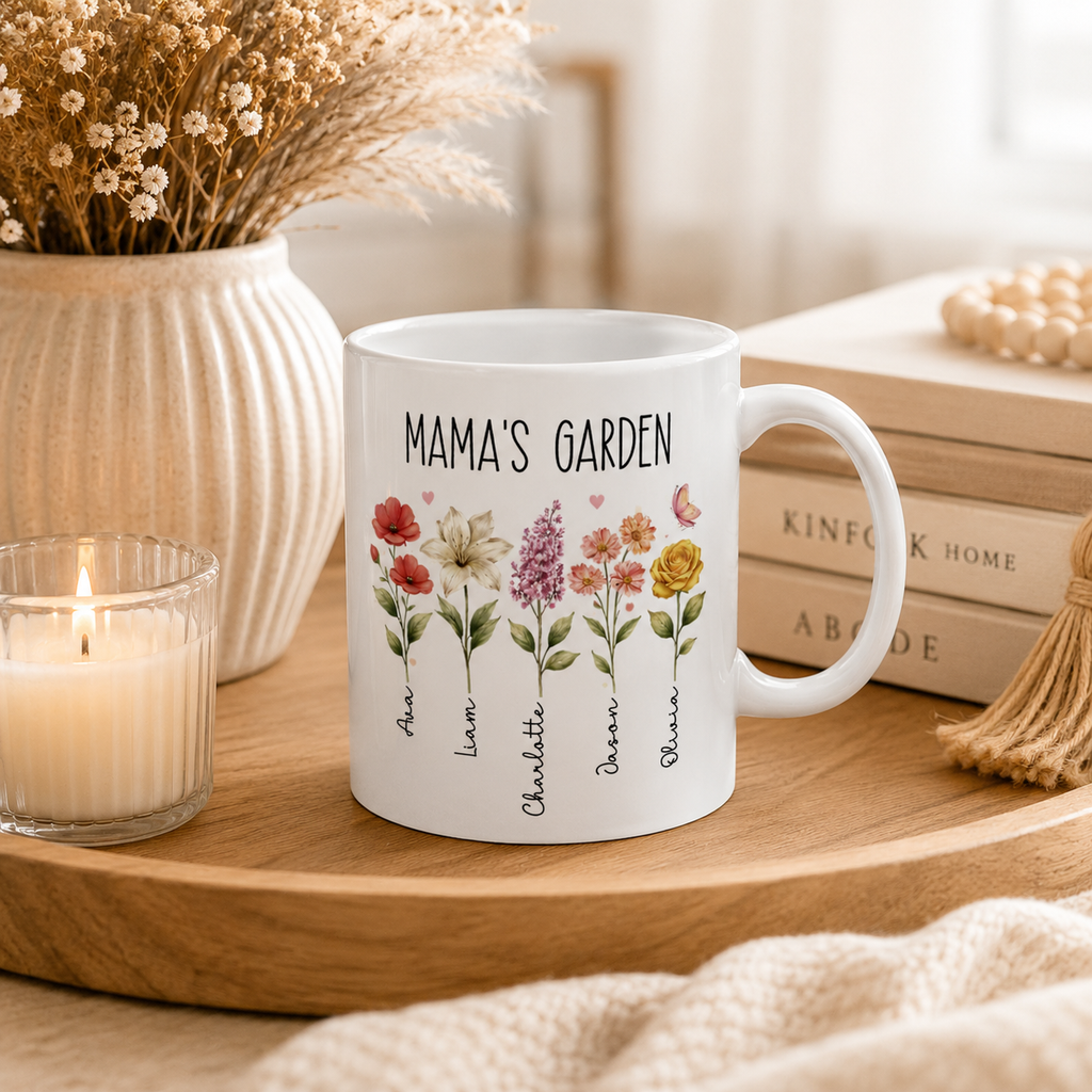 Personalized floral garden kids names mug shown as a Mother's Day gift for mom