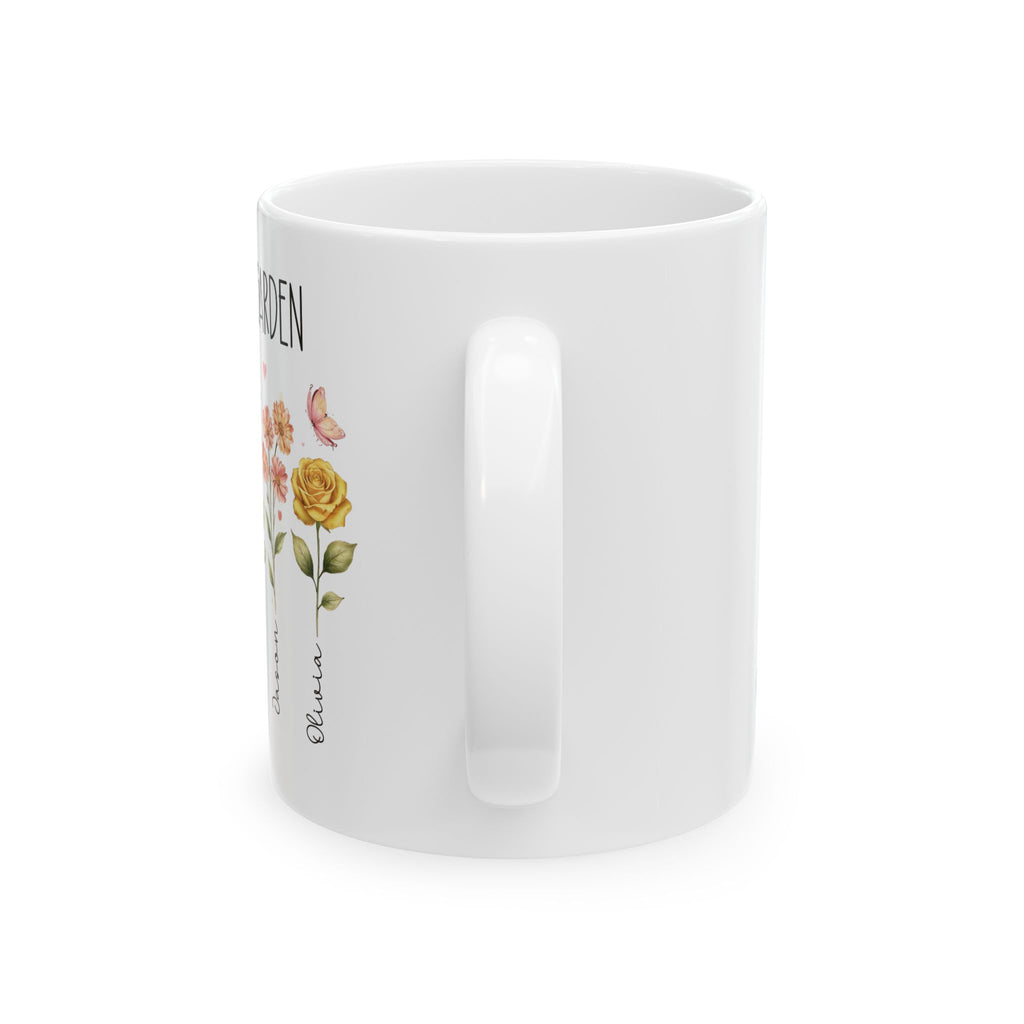 Personalized floral garden kids names mug held in hand