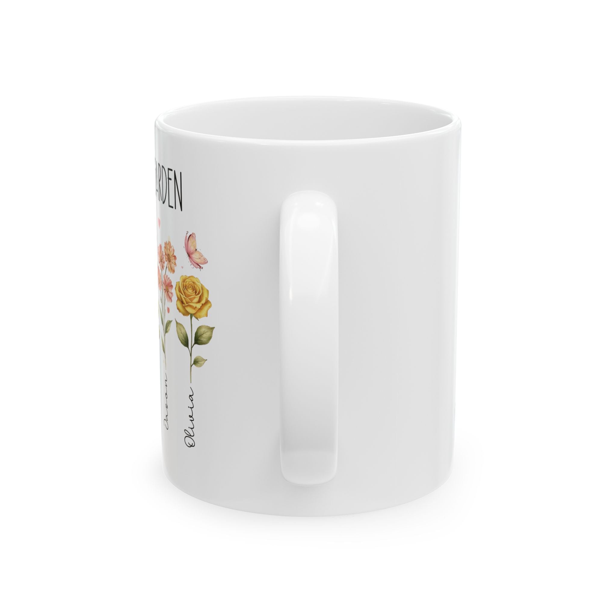 Personalized floral garden kids names mug held in hand