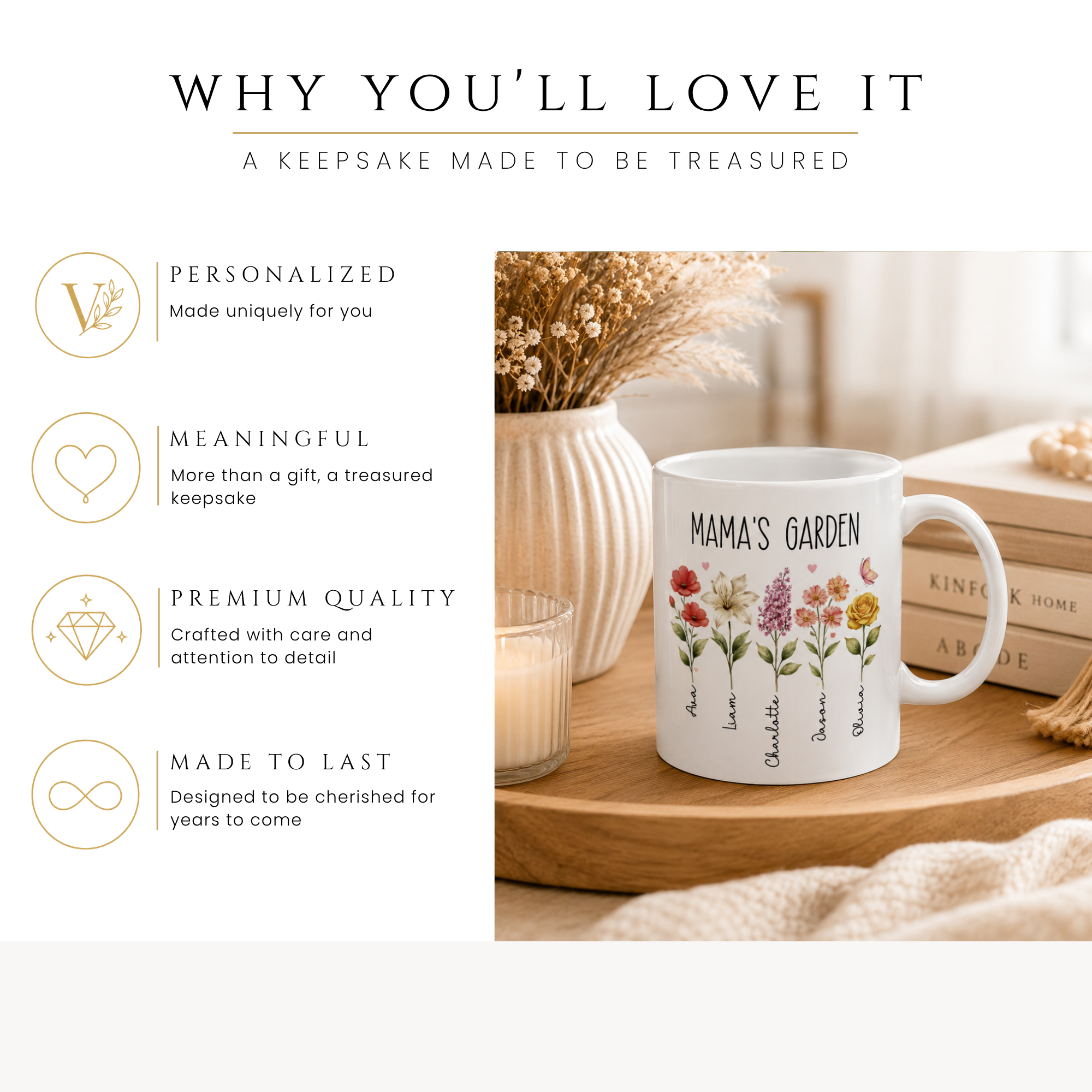Personalized floral garden kids names mug, handle-side view