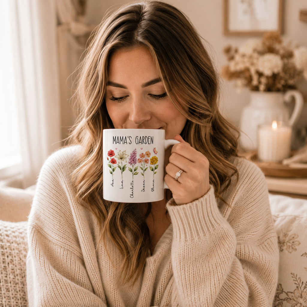 Personalized floral garden kids names mug shown from the side